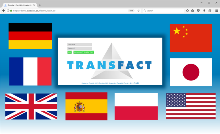 Transfact-Anmeldeseite mit Sprachflaggen